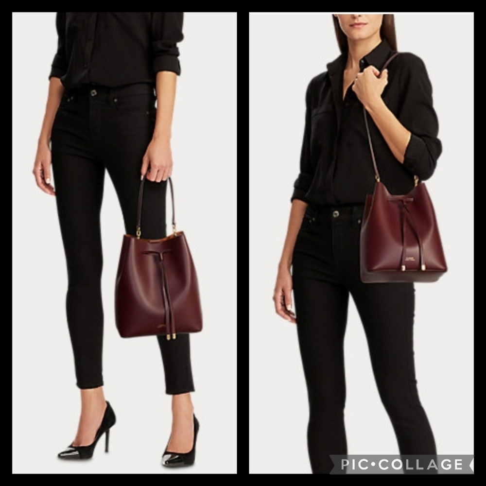 Lauren Ralph Lauren Burgundy Leather Drawstring Satchel - Picture 15 of 16